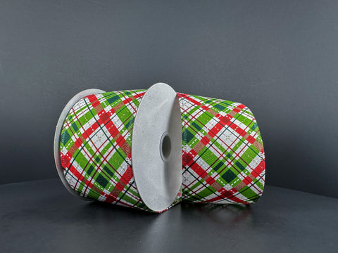 Red, White, and Lime Diagonal Plaid Ribbon