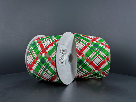 Red, White and Emerald Green Diagonal Plaid Ribbon